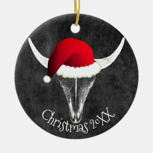 Bison Skull with Santa Hat Christmas Ceramic Ornam Tree Decoration (Front)