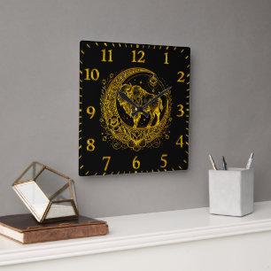 Bison Standing in a Floral Crescent Moon Design Square Wall Clock