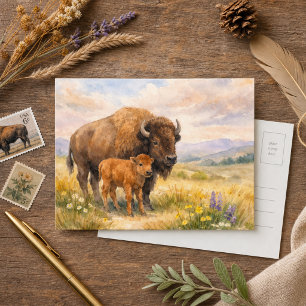 Bison Watercolor Grassland Nature-Wildlife Postcard