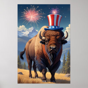Bison wearing read white and blue hat & fireworks poster