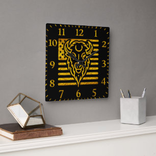 Bison With American Flag Background Square Wall Clock