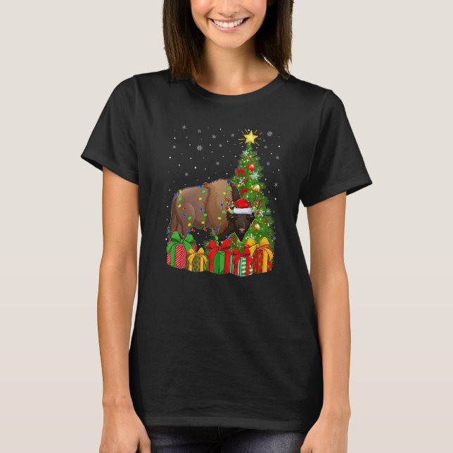 Bison  Xmas Holiday Santa Bison Christmas Tree T-Shirt (Front)