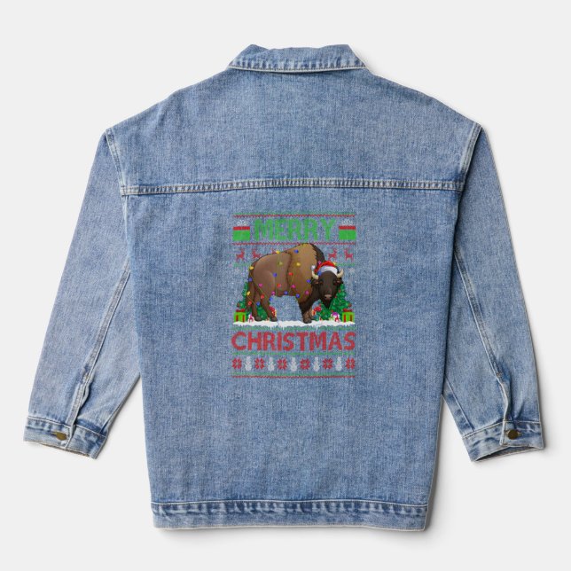 Bison   Xmas Tree Lights Ugly Santa Bison Christma Denim Jacket (Back)