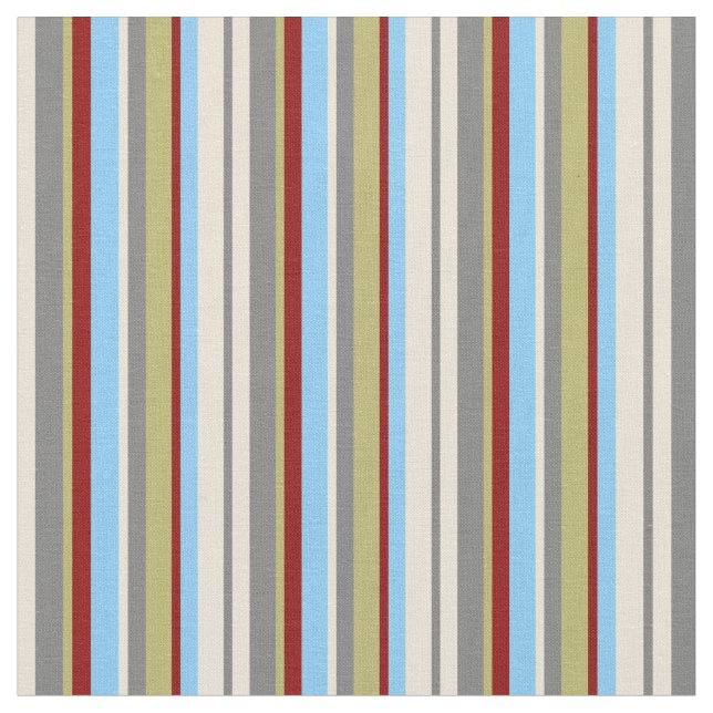 Bisque, Grey, Khaki, Red & Light Sky Blue Lines Fabric (Close Up)