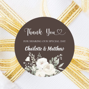 Bistre brown white florals heart thank you wedding classic round sticker