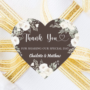 Bistre brown white florals heart thank you wedding sticker