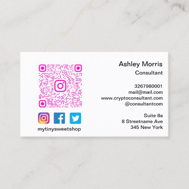 Bit Me Pink QR Code Logo Social Media White Business Card (Front)