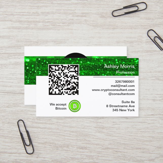 Bit Me QR Code We Accept Bitcoin Green Economy Business Card (Front/Back In Situ)