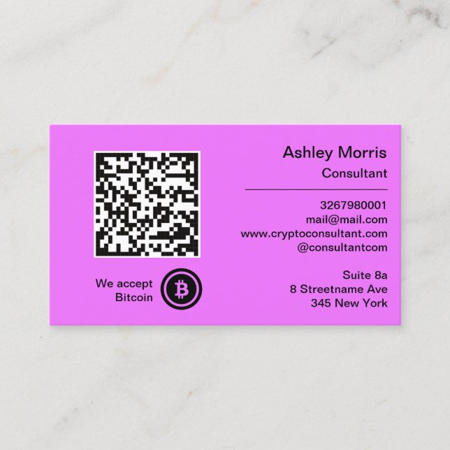 Bit Me QR Code We Accept Bitcoins Consultant Pinky Business Card (Front)