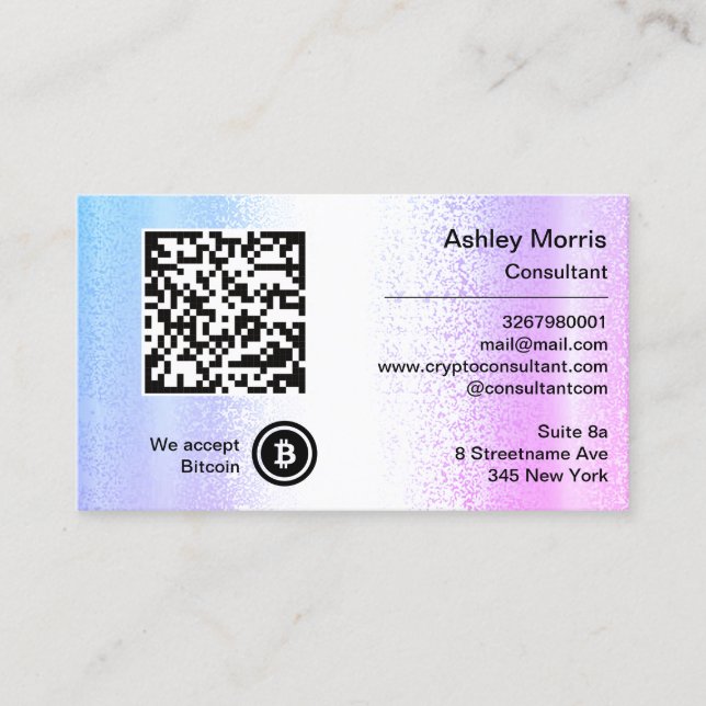 Bit Me QR Code We Accept Bitcoins Custom Pink Blue Business Card (Front)