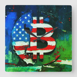 Bitcoin America (Style: Green) Oil Painting  Square Wall Clock