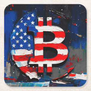 Bitcoin America (Style: Main) Oil Painting  Square Paper Coaster