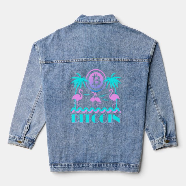 Bitcoin Crypto Retro 80s Flamingo  Denim Jacket (Back)