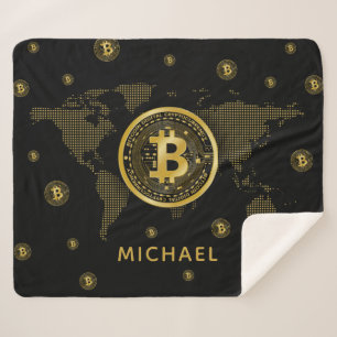 Bitcoin Gold World Black Crypto Personalised Name Sherpa Blanket