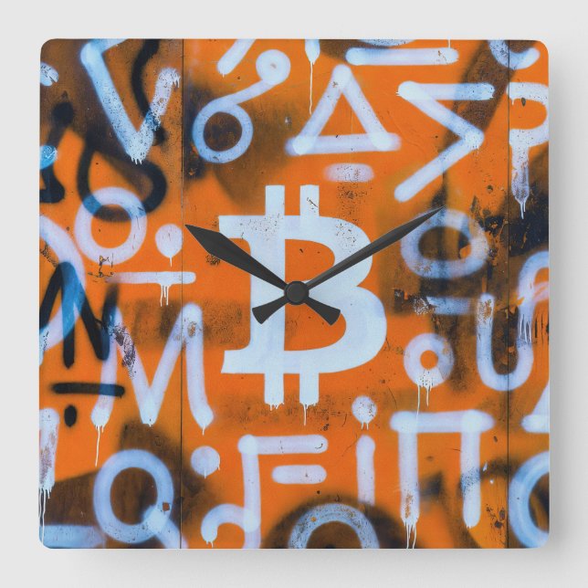 "Bitcoin Graffiti" (Style #1) Street Art Square Wall Clock (Front)