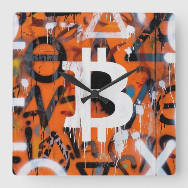 "Bitcoin Graffiti" (Style #2) Street Art Square Wall Clock (Front)