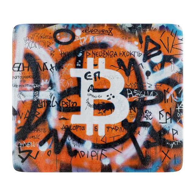 "Bitcoin Graffiti" (Style #4) Street Art Cutting Board (Front)