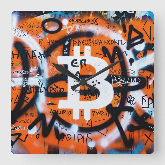 "Bitcoin Graffiti" (Style #4) Street Art Square Wall Clock (Front)