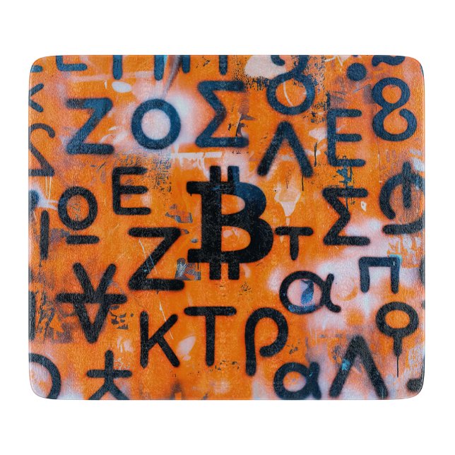 "Bitcoin Graffiti" (Style #5) Street Art Cutting Board (Front)