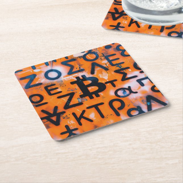 "Bitcoin Graffiti" (Style #5) Street Art Square Paper Coaster (Angled)