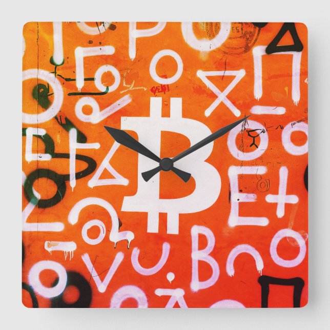 "Bitcoin Graffiti" (Style #7) Street Art Square Wall Clock (Front)