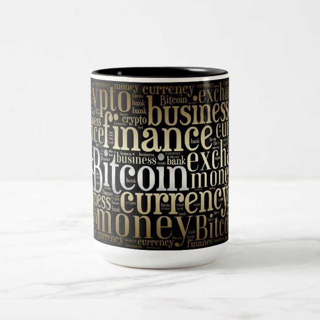 Bitcoin logo wordart graphics Two-Tone coffee mug (Center)
