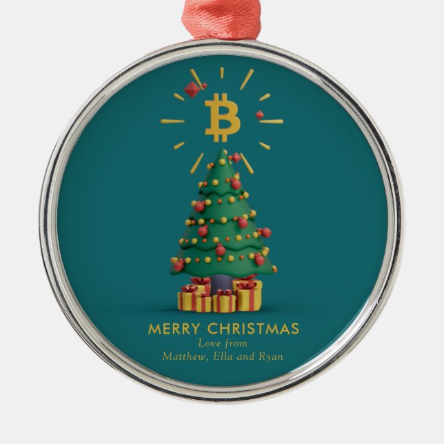Bitcoin Merry Christmas Cryptocurrency Custom Name Metal Tree Decoration (Front)