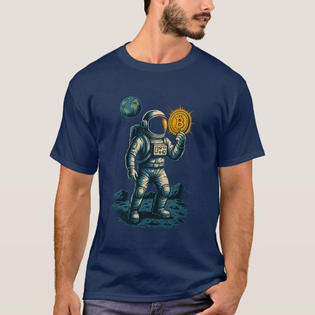 Bitcoin Miner in Space – Glowing Astronaut Design T-Shirt (Front)