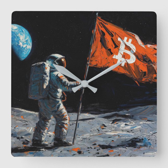"Bitcoin Moon" Oil Painting #5 Square Wall Clock (Front)