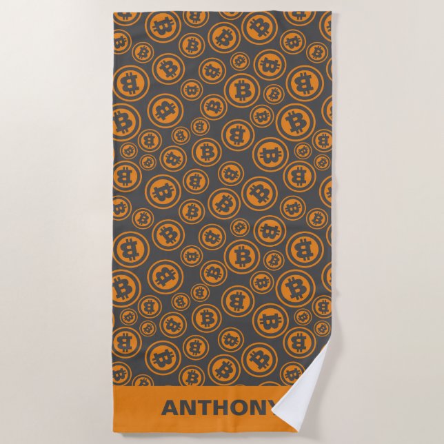 Bitcoin Patterned Orange and Grey Personalised Beach Towel (Front)