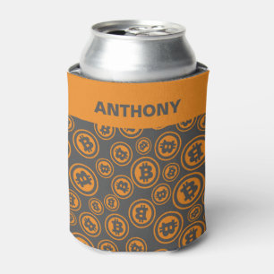 Bitcoin Patterned Orange and Grey Personalised Can Cooler