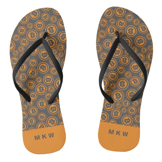 Bitcoin Patterned Orange and Grey Personalised Jandals (Footbed)