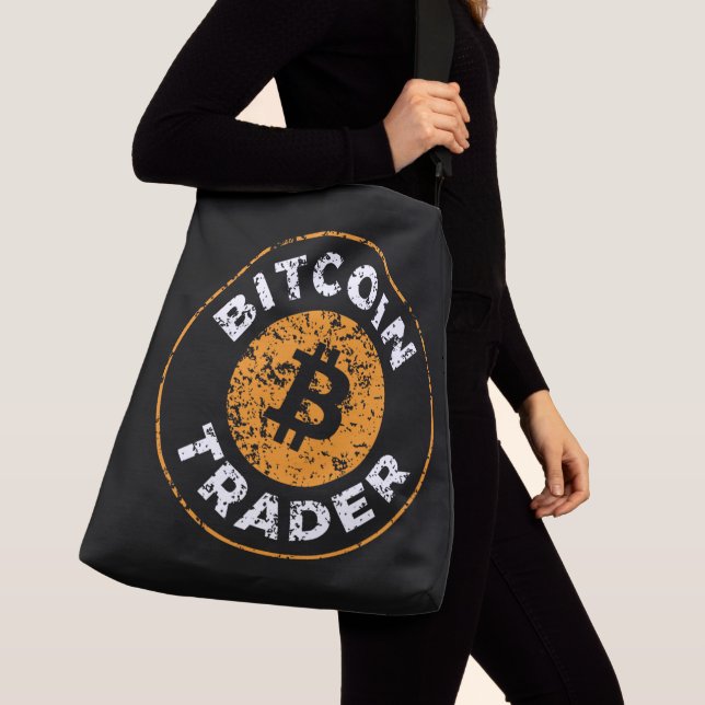 Bitcoin Trader Grunge Text Circle Outline Black Crossbody Bag (Close Up)