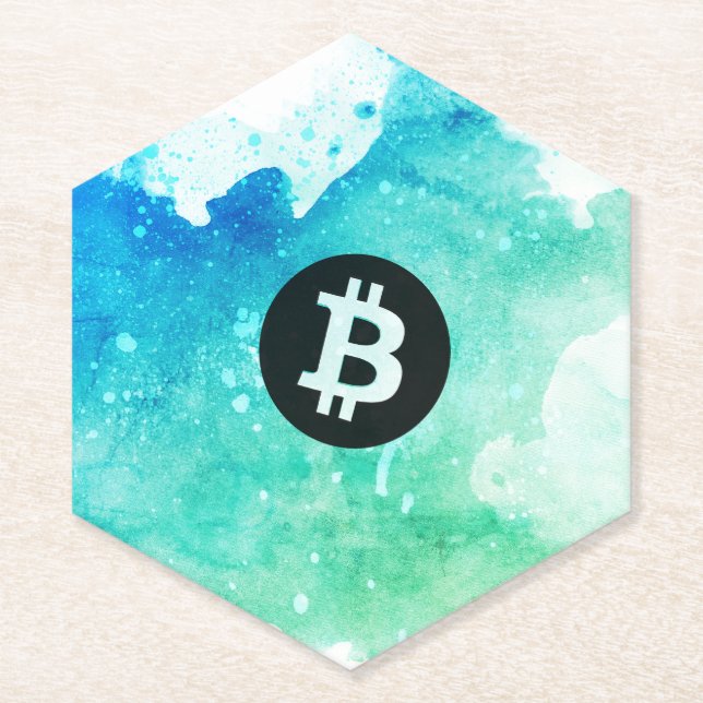 Bitcoin Watercolor (Style 5 - Wave Rider) Paper Coaster (Front)