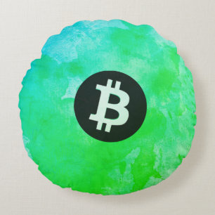 Bitcoin Watercolor (Style $ - Green Day) Round Cushion