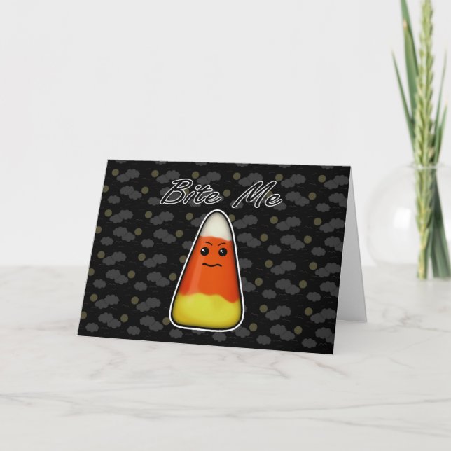 Bite Me, Cute Angry Candy Corn Cartoon Design Card (Front)