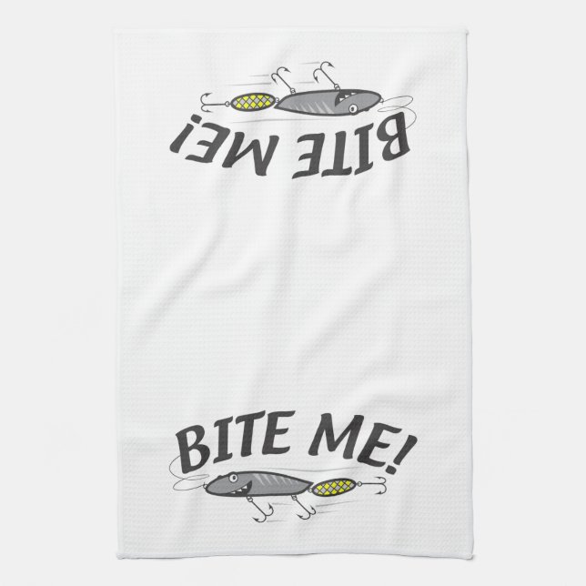 Bite Me Fishing Hook Humour Tea Towel (Vertical)