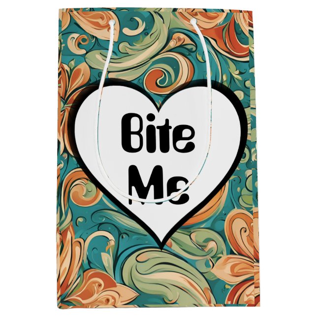 Bite Me Funny Heart Swirly Retro Design Medium Gift Bag (Front)