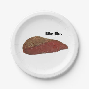 Bite Me Funny Steak Beef Pun Joke Paper Plate