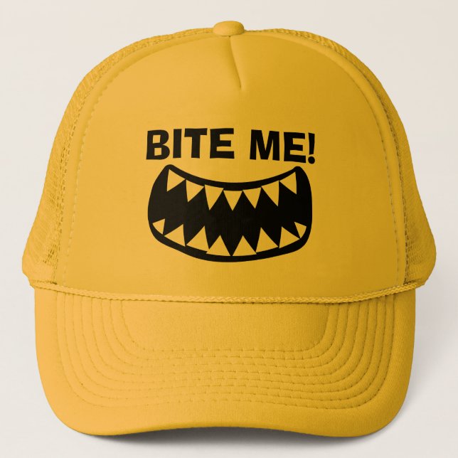Bite Me funny yellow trucker hat for him or her (Front)