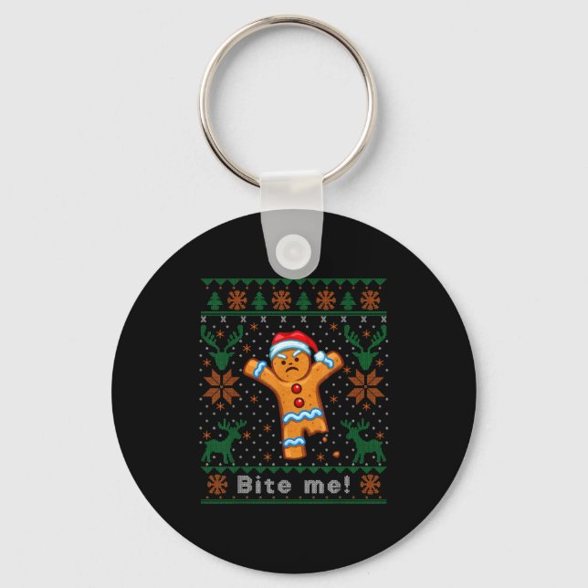 Bite Me Gingerbread Man - Funny Ugly Christmas Swe Key Ring (Front)