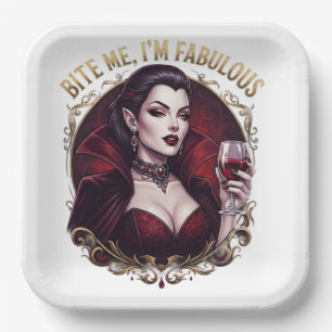 Bite Me I'm Fabulous Vampire Gothic Wine Glass Con Paper Plate