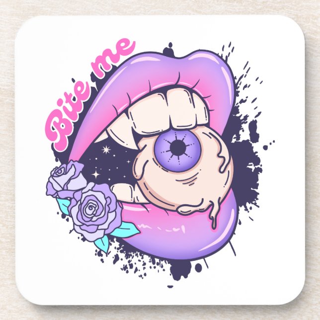 Bite Me Pink Halloween Lips  Coaster (Front)