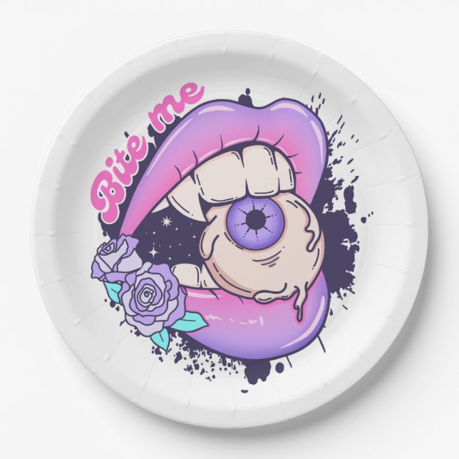 Bite Me Pink Halloween Lips  Paper Plate (Front)