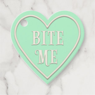 "Bite Me" Tea Party Green Heart Personalised Favour Tags
