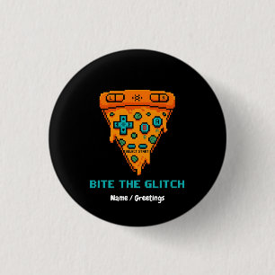 Bite the Glitch Retro 8-Bit Pixel Pizza Gamer  3 Cm Round Badge