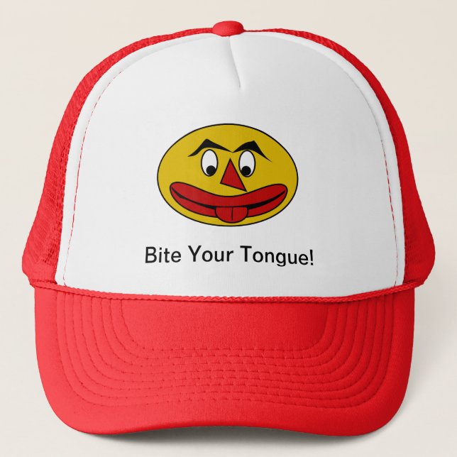Bite Your Tongue Funny Yellow Face Trucker Hat (Front)