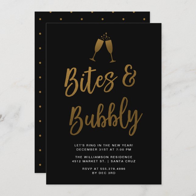 Bites & Bubbly | Gold Script New Year Party Invitation (Front/Back)