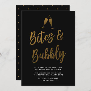 Bites & Bubbly   Gold Script New Year Party Invitation