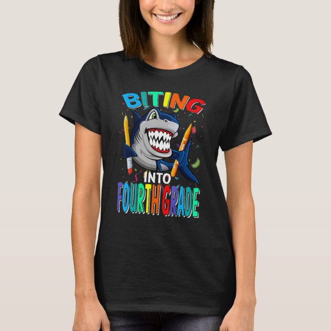 Biting Into Fourth Grade Back To School Shark T-Shirt (Front)